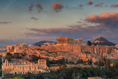 Sunset at Acropolis of Athens in Acropolis Hill, Greece.