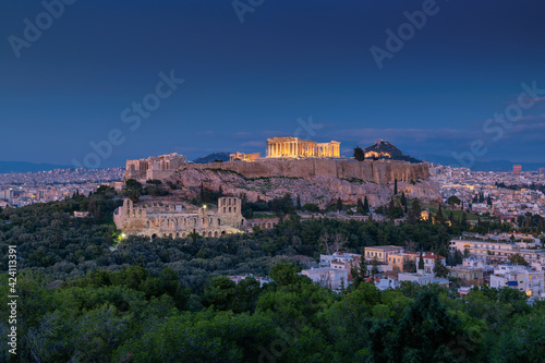 Night view of Acropolis of Athens in Acropolis Hill, Greece.