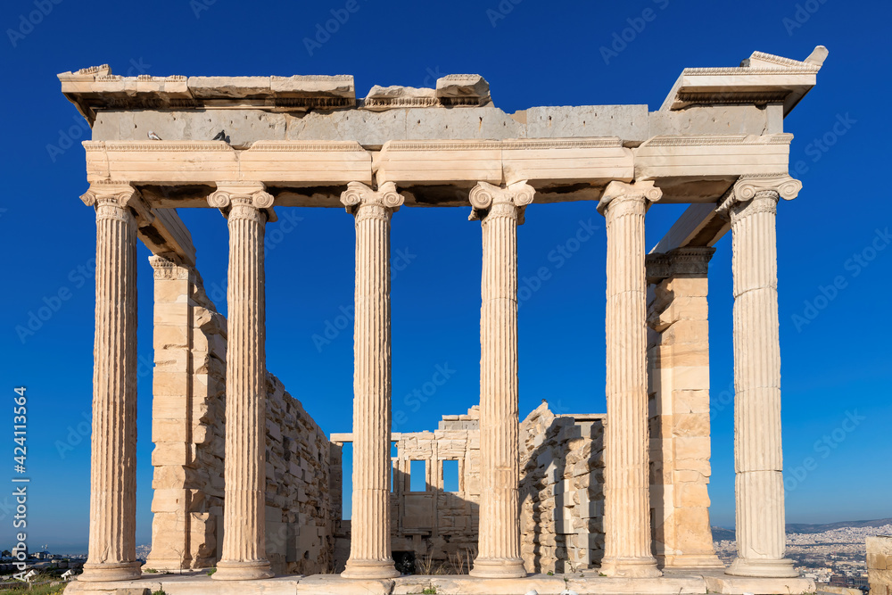Columns of Erechtheion temple on the Acropolis near Parthenon, Athens, Greece.