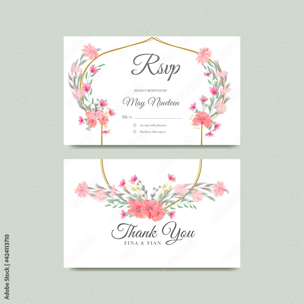 save the date watercolor floral Frame wreath with bouquet Thanks Card
