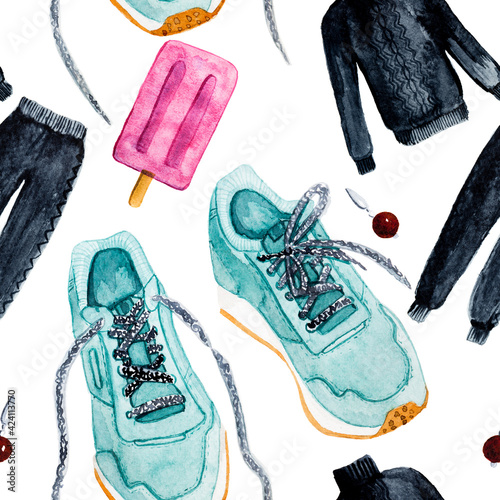 seamless pattern Sports mint shoes sneakers and sports suit with icecream watercolor style illustration isolated on white background