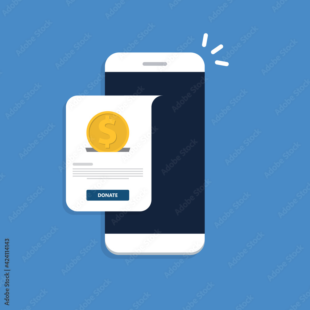 Donate online concept. Smartphone with gold coin and button on screen.