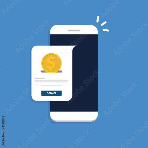 Donate online concept. Smartphone with gold coin and button on screen.