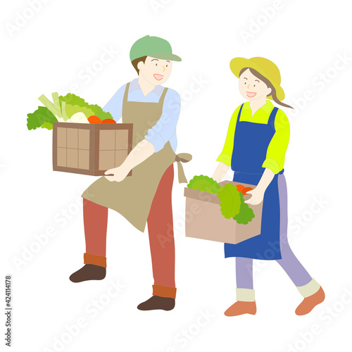 収穫した野菜を運ぶ農家の若い夫婦のイラスト