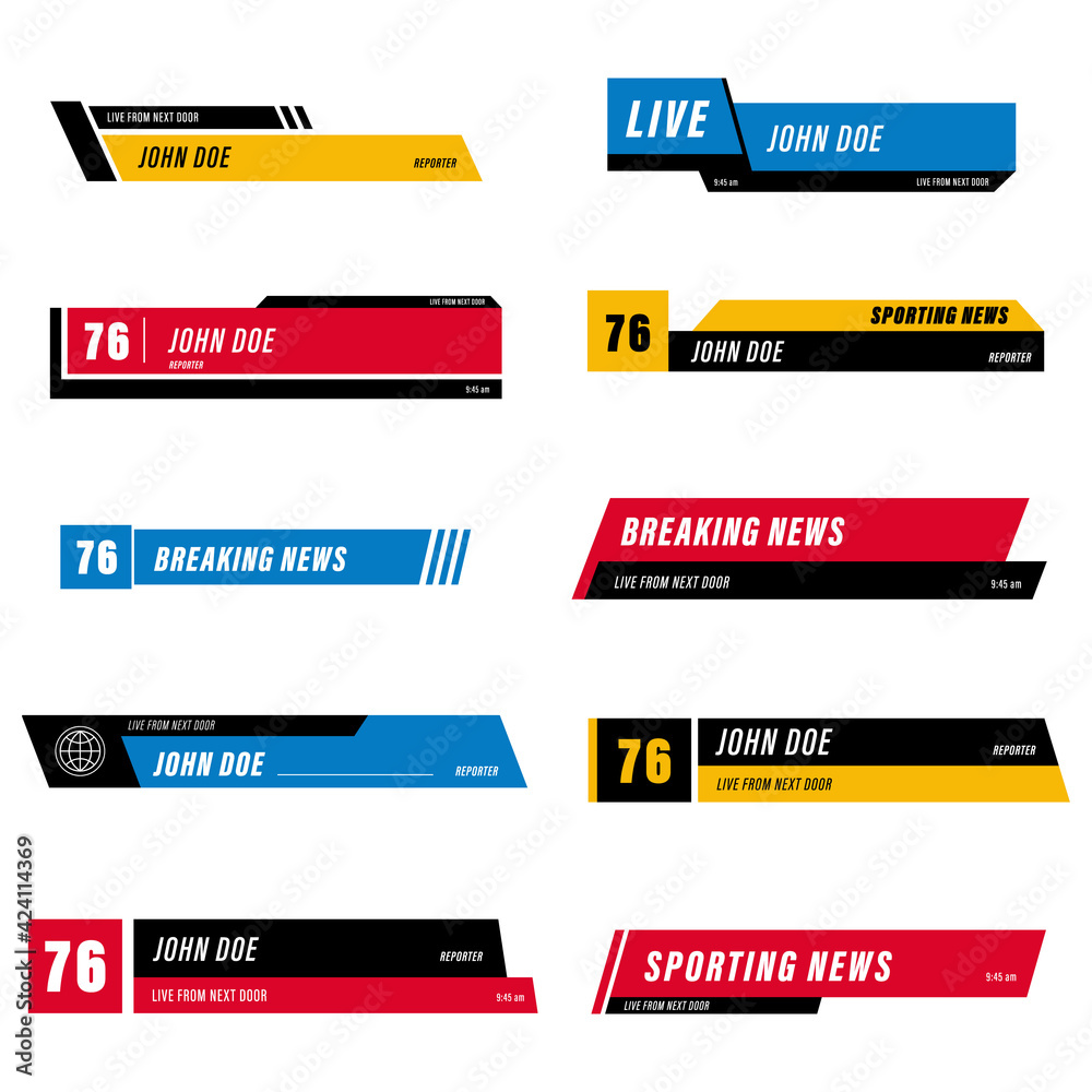 Set of TV banners and bars for news and sport channels, streaming and broadcasting. Collection of lower third for video editing Set of TV banners and bars for news and sport channels, streaming and broadcasting. Collection of lower third for video editing