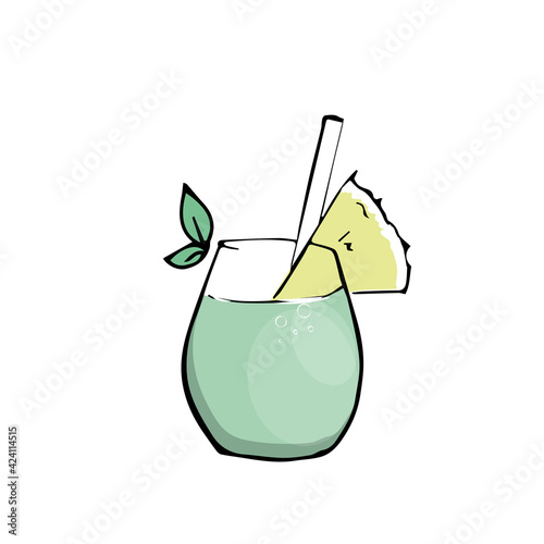 Summer cocktail with a green straw, decorated with a slice of pineapple. A graphic design element. Isolated object, background, illustration, print.
