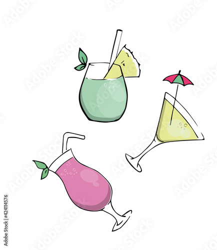 Set of three summer cocktails. Cocktails of different colors decorated with fruits, tubes and an umbrella. Summer design, print, graphic element. Vector illustration in doodle style.