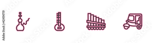 Set line Hookah, Pan flute, Sitar and Taxi tuk tuk icon. Vector