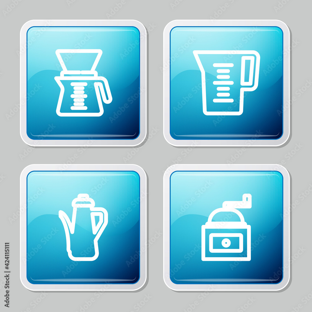 Set line Pour over coffee maker, Jug glass with water, Teapot and Manual grinder icon. Vector Set line Pour over coffee maker, Jug glass with water, Teapot and Manual grinder icon. Vector