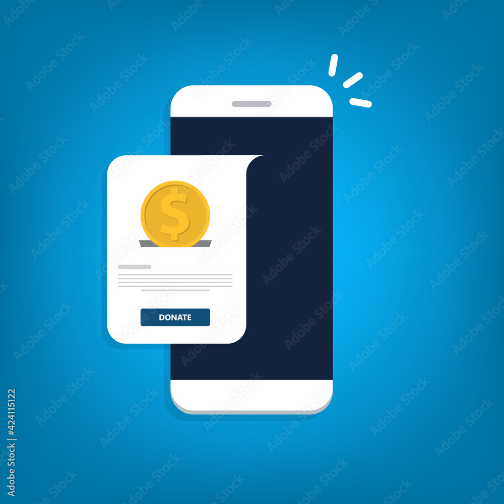 Donate online concept. Smartphone with gold coin and button on screen. Donate online concept. Smartphone with gold coin and button on screen.