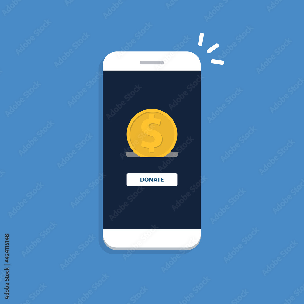 Donate online concept. Smartphone with gold coin and button on screen. Donate online concept. Smartphone with gold coin and button on screen.