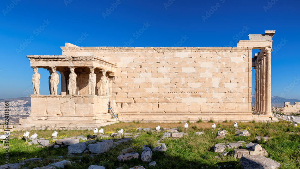 Erechtheion temple on the Acropolis at sunny day, Athens, Greece