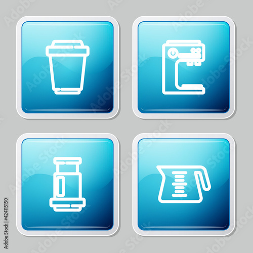 Set line Coffee cup to go, machine, Aeropress coffee and pot icon. Vector
