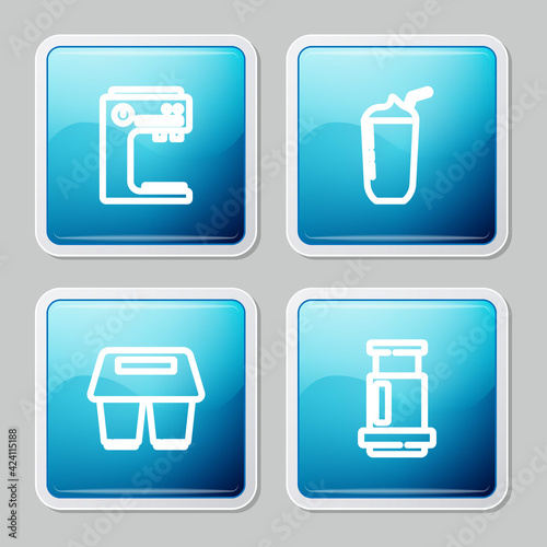 Set line Coffee machine, Milkshake, cup to go and Aeropress coffee icon. Vector