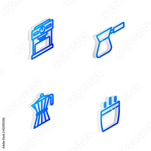 Set Isometric line Coffee turk, machine, moca pot and cup icon. Vector