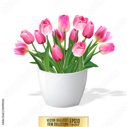 Bouquet of pink tulips in vase isolated on white background