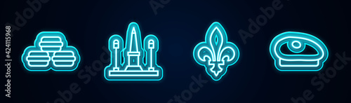 Set line Macaron cookie, Place De La Concorde, Fleur Lys and French beret. Glowing neon icon. Vector