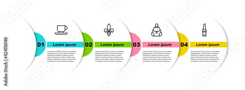 Set line Coffee cup, Fleur De Lys, Handbag and Lipstick. Business infographic template. Vector