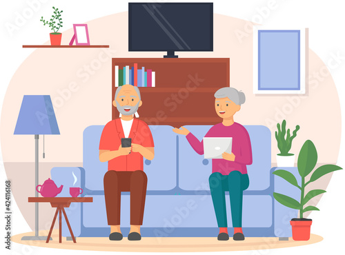 Old people play video game. Senior people with different gadgets. Oldster education on computer