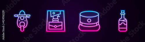 Set line Scooter, Handbag, Kepi and Bottles of wine. Glowing neon icon. Vector