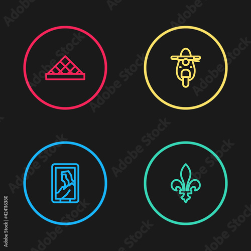 Set line Portrait in museum, Fleur De Lys, Scooter and Louvre icon. Vector