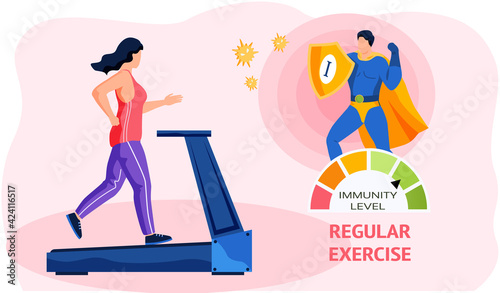 Woman running on treadmill. Girl maintains healthy lifestyle to increase level of immunity