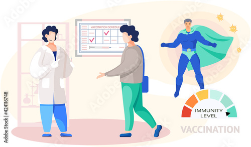 Doctor shows injection syringe to patient. Man and therapist communicate about vaccine and immunity