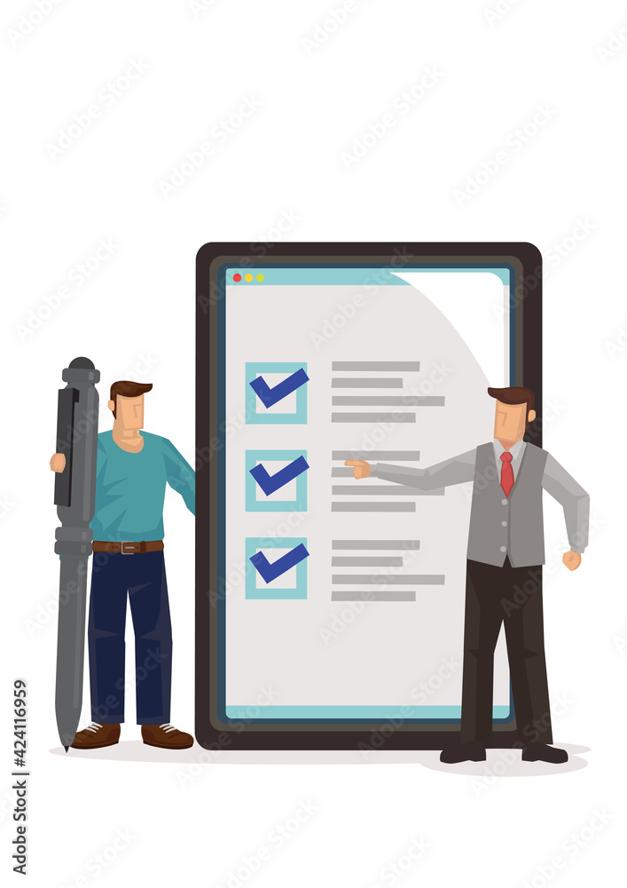 Businessman holding pen with tick marks checklist. Businessman holding pen with tick marks checklist.
