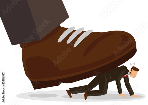 Business illustration concept of giant foot trampling a businessman.