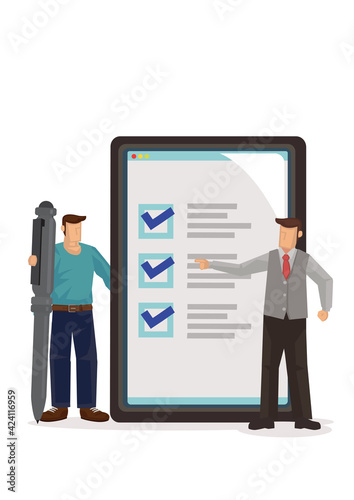 Businessman holding pen with tick marks checklist. © UncleFredDesign