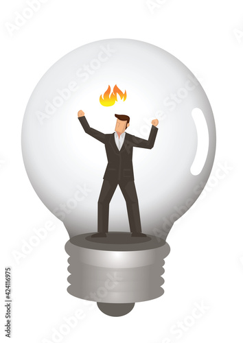 Businessman trapped inside of light bulb.