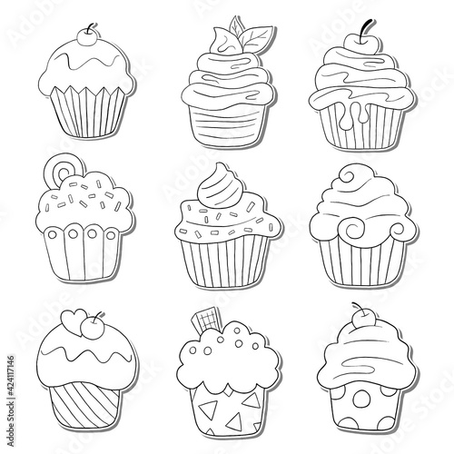 Black line set of nine cupcakes on white silhouette and gray shadow. Hand drawn cartoon style. Doodle for coloring, decoration or any design. Vector illustration of kid art.