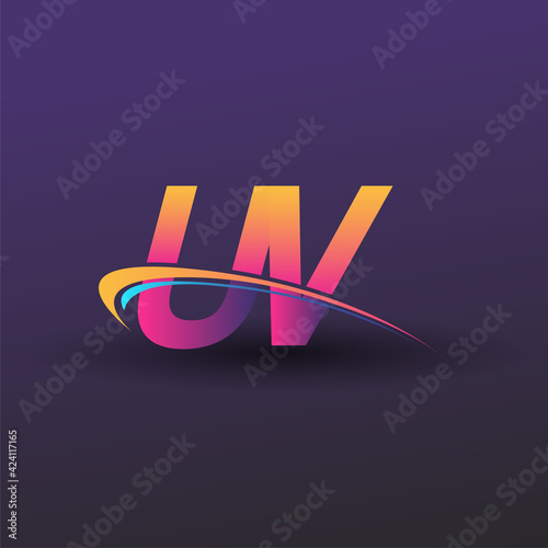 initial letter UV logotype company name colored blue, yellow and magenta swoosh design. vector logo for business and company identity.