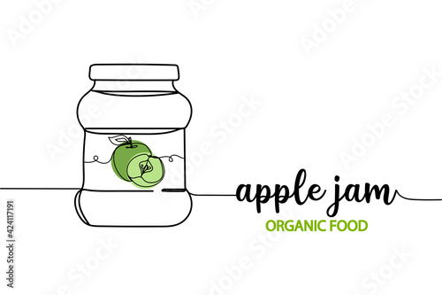 Continuous one line of natural organic apple jam in silhouette. Perfect for cards, party invitations, posters, stickers, clothing. Sweet food concept