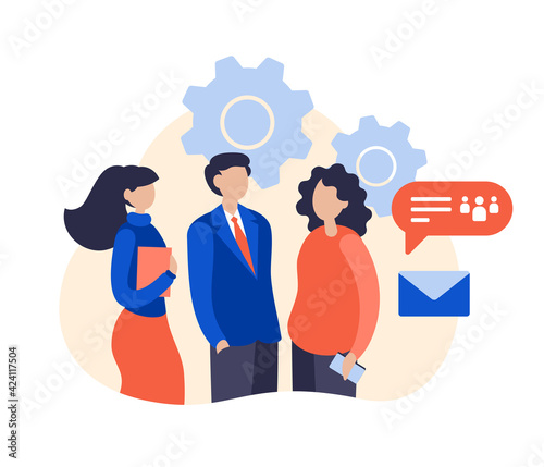 About us page concept flat illustration. Corporate profile and team information. Company employees posing together. Male and female cartoon characters business colleagues stand representing company.