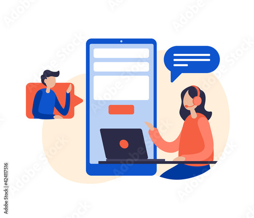 Contact us concept flat vector illustration. Custumer support online. Female support operator with headset talking with client. Can be used for corporate landing page template