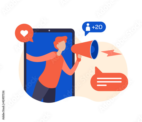 Follow us concept flat vector illustration for landing page website banner. Internet advertisement. Male cartoon character shouting in megaphone. Network promotion, SMM, Influencer marketing