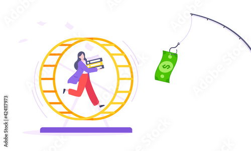 Rat race business concept with businesswoman running after rod dangling dollar in the hamster wheel working hard, always busy flat style design vector illustration. Tired workaholic loop routine.