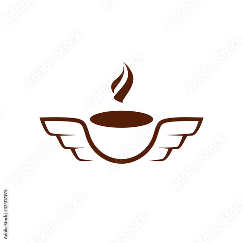 Simple and flat coffee mug with wings icon. Vector aromatic coffee flies logo idea for the business card, branding and corporate identity.