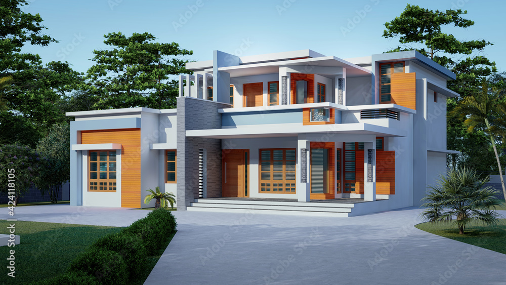 Modern home design 3d rendering