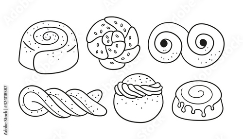 Traditional swedish sweets. Kanelbulle bun, cinnamon roll, Pepparkakor, Semla, lussekatt, dammsugare, prinsesstarta, waffle and chokladboll. Hand drawn isolated vector illustration on white background