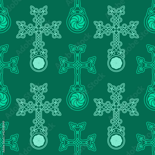 Seamless pattern with ancient Armenian symbol Khachkar. Armenian cross stone for your project