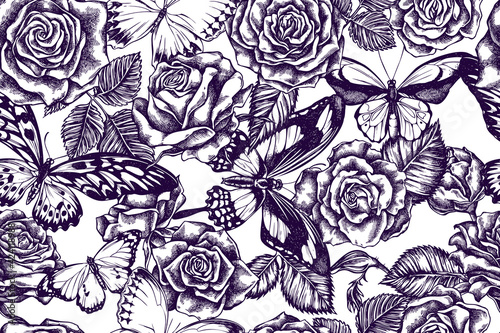 Artistic seamless pattern with african giant swallowtail  wallace s golden birdwing  jungle queens  plain tiger  papilio torquatus  roses