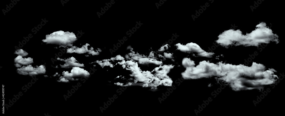 White fluffy clouds on a black background. Illustration