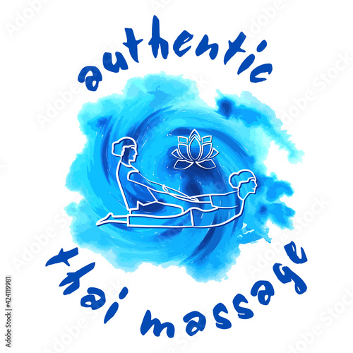 Authentic Thai massage. Logo thai massage with silhouette of a woman getting traditional thai stretching massage by therapist. Logo Thai massage on  blue watercolor background  for your design. EPS10.