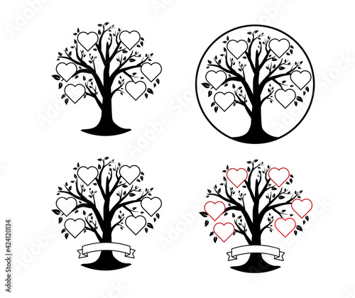 Vector illustration family tree black and red with hearts.