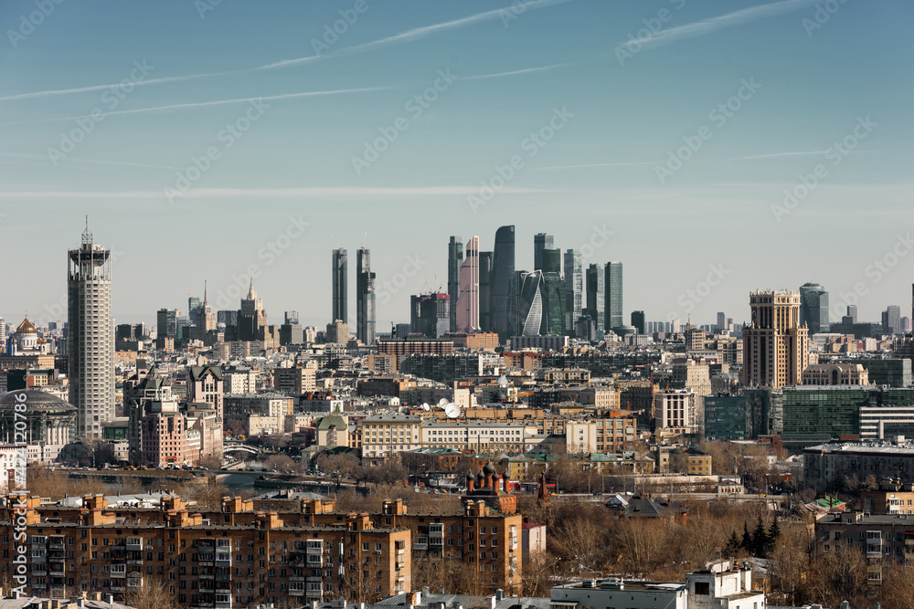 Panoramic view of the business center of Moscow march 2021. Large metropolis.