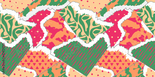 Abstract colorful seamless pattern from pieces of paper with a torn edge and with a different texture.Decorative backdrop can be used for wallpaper,pattern fills,web page background,surface textures.