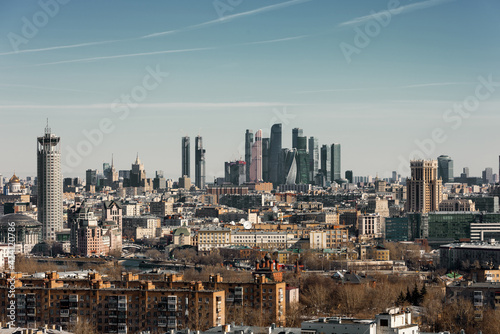 Panoramic view of the business center of Moscow march 2021. Large metropolis.