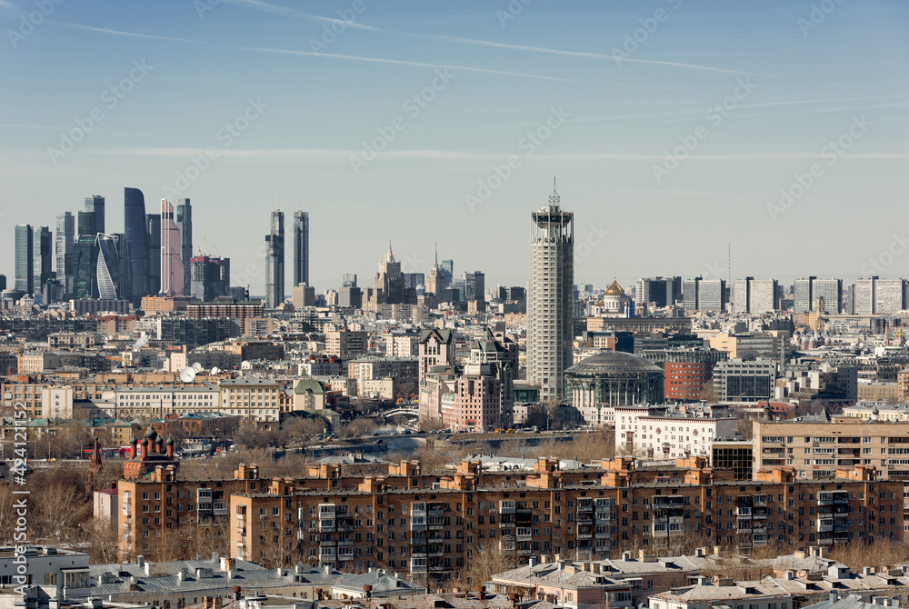 Panoramic view of the business center of Moscow march 2021. Large metropolis